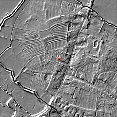 Shaded relief map of the ground around GL29BQ, computed from Environment Agency LiDAR. The ground here sits at about 12 m above sea level and falls 6 m across the surrounding 800 m. Surface water reaching this point runs off ground lying to the north-east, 1.2 m higher.