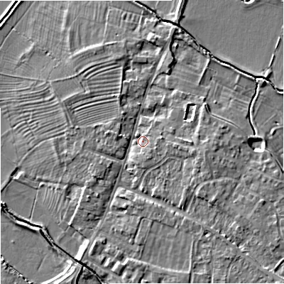 Shaded relief map of the ground around GL29BS, computed from Environment Agency LiDAR. The ground here sits at about 11 m above sea level and falls 7 m across the surrounding 800 m. Surface water reaching this point runs off ground lying to the east-south-east, 3.0 m higher.