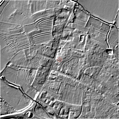 Shaded relief map of the ground around GL29BT, computed from Environment Agency LiDAR. The ground here sits at about 12 m above sea level and falls 7 m across the surrounding 800 m. Surface water reaching this point runs off ground lying to the east-north-east, 1.6 m higher.