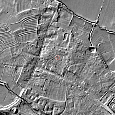 Shaded relief map of the ground around GL29BU, computed from Environment Agency LiDAR. The ground here sits at about 12 m above sea level and falls 11 m across the surrounding 800 m. Surface water reaching this point runs off ground lying to the east, 1.5 m higher.