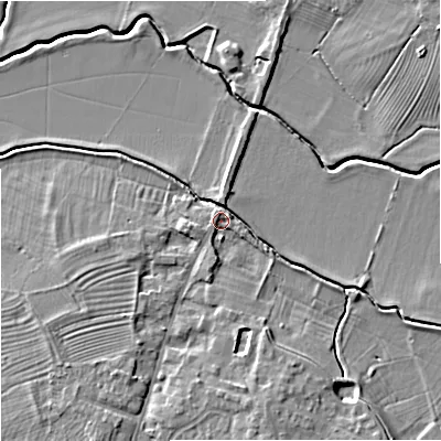 Shaded relief map of the ground around GL29BW, computed from Environment Agency LiDAR. The ground here sits at about 11 m above sea level and falls 6 m across the surrounding 800 m. Surface water reaching this point runs off ground lying to the south, 2.2 m higher.