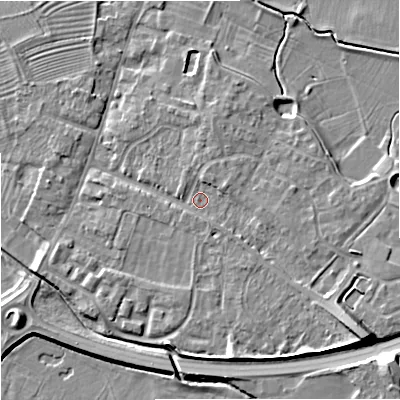 Shaded relief map of the ground around GL29BX, computed from Environment Agency LiDAR. The ground here sits at about 12 m above sea level and falls 11 m across the surrounding 800 m. Surface water reaching this point runs off ground lying to the south-east, 2.4 m higher.
