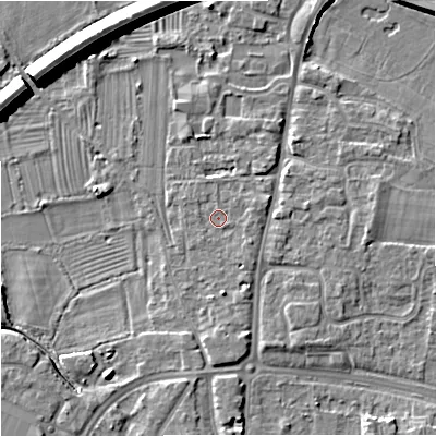 Shaded relief map of the ground around GL29DL, computed from Environment Agency LiDAR. The ground here sits at about 11 m above sea level and falls 8 m across the surrounding 800 m. Surface water reaching this point runs off ground lying to the south-east, 1.3 m higher.