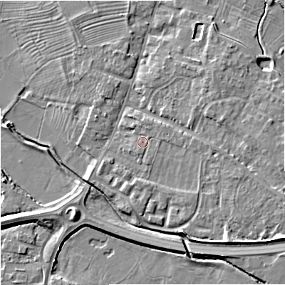 Shaded relief map of the ground around GL29DN, computed from Environment Agency LiDAR. The ground here sits at about 12 m above sea level and falls 7 m across the surrounding 800 m. Surface water reaching this point runs off ground lying to the east-north-east, 0.9 m higher.