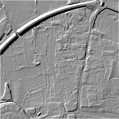 Shaded relief map of the ground around GL29DQ, computed from Environment Agency LiDAR. The ground here sits at about 11 m above sea level and falls 9 m across the surrounding 800 m. Surface water reaching this point runs off ground lying to the east-south-east, 1.0 m higher.
