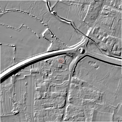 Shaded relief map of the ground around GL29DR, computed from Environment Agency LiDAR. The ground here sits at about 11 m above sea level and falls 9 m across the surrounding 800 m. Surface water reaching this point runs off ground lying to the west-north-west, 0.7 m higher.