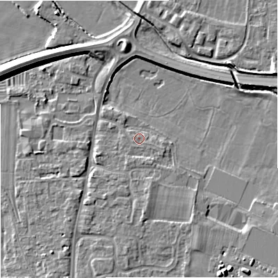 Shaded relief map of the ground around GL29DW, computed from Environment Agency LiDAR. The ground here sits at about 12 m above sea level and falls 9 m across the surrounding 800 m. Surface water reaching this point runs off ground lying to the west-north-west, 1.1 m higher.