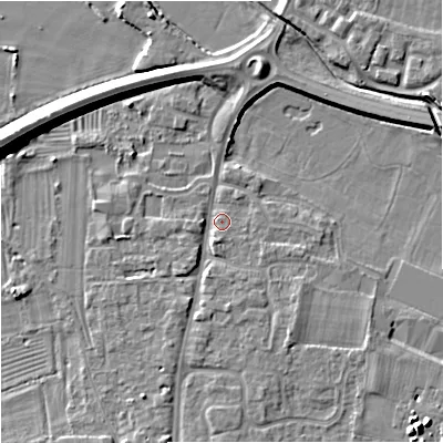 Shaded relief map of the ground around GL29EE, computed from Environment Agency LiDAR. The ground here sits at about 12 m above sea level and falls 9 m across the surrounding 800 m. Surface water reaching this point runs off ground lying to the south-south-west, 1.2 m higher.