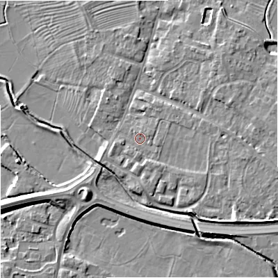 Shaded relief map of the ground around GL29EG, computed from Environment Agency LiDAR. The ground here sits at about 11 m above sea level and falls 7 m across the surrounding 800 m. Surface water reaching this point runs off ground lying to the east, 2.2 m higher.