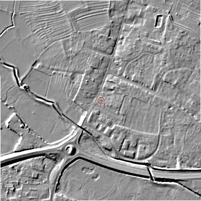 Shaded relief map of the ground around GL29EH, computed from Environment Agency LiDAR. The ground here sits at about 11 m above sea level and falls 8 m across the surrounding 800 m. Surface water reaching this point runs off ground lying to the east-north-east, 3.5 m higher.