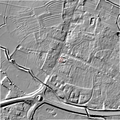 Shaded relief map of the ground around GL29EJ, computed from Environment Agency LiDAR. The ground here sits at about 11 m above sea level and falls 8 m across the surrounding 800 m. Surface water reaching this point runs off ground lying to the east, 3.4 m higher.