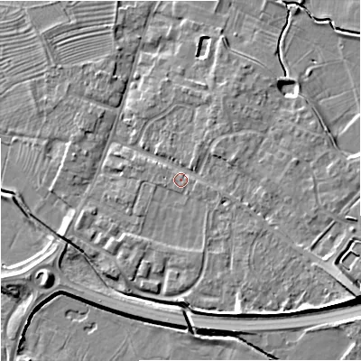 Shaded relief map of the ground around GL29EL, computed from Environment Agency LiDAR. The ground here sits at about 12 m above sea level and falls 11 m across the surrounding 800 m. Surface water reaching this point runs off ground lying to the east-south-east, 2.9 m higher.
