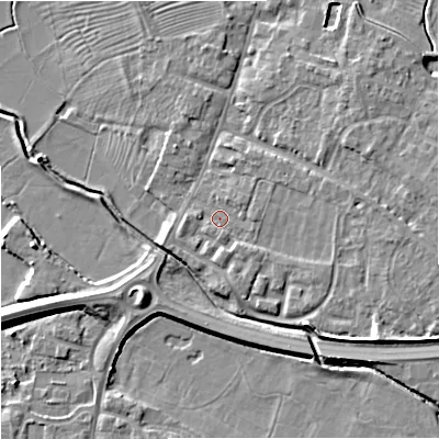 Shaded relief map of the ground around GL29EQ, computed from Environment Agency LiDAR. The ground here sits at about 11 m above sea level and falls 8 m across the surrounding 800 m. Surface water reaching this point runs off ground lying to the east, 2.3 m higher.