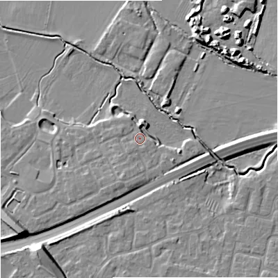 Shaded relief map of the ground around GL29FQ, computed from Environment Agency LiDAR. The ground here sits at about 14 m above sea level and falls 10 m across the surrounding 800 m. Surface water reaching this point runs off ground lying to the south-west, 1.2 m higher.