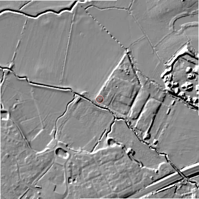 Shaded relief map of the ground around GL29GF, computed from Environment Agency LiDAR. The ground here sits at about 12 m above sea level and falls 10 m across the surrounding 800 m. Surface water reaching this point runs off ground lying to the south-east, 3.3 m higher.