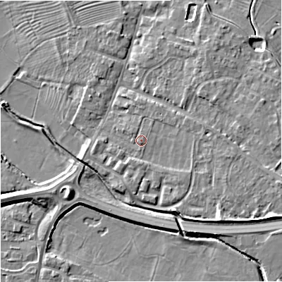 Shaded relief map of the ground around GL29HG, computed from Environment Agency LiDAR. The ground here sits at about 12 m above sea level and falls 7 m across the surrounding 800 m. Surface water reaching this point runs off ground lying to the north-north-east, 1.3 m higher.