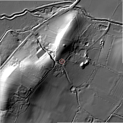 Shaded relief map of the ground around GL29LT, computed from Environment Agency LiDAR. The ground here sits at about 27 m above sea level and falls 24 m across the surrounding 800 m. Surface water reaching this point runs off ground lying to the north-north-west, 3.7 m higher.
