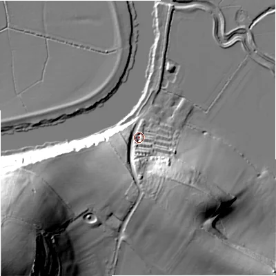 Shaded relief map of the ground around GL29LW, computed from Environment Agency LiDAR. The ground here sits at about 17 m above sea level and falls 62 m across the surrounding 800 m. Surface water reaching this point runs off ground lying to the south, 23.3 m higher.