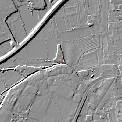 Shaded relief map of the ground around GL29NA, computed from Environment Agency LiDAR. The ground here sits at about 11 m above sea level and falls 8 m across the surrounding 800 m. Surface water reaching this point runs off ground lying to the east-south-east, 4.2 m higher.