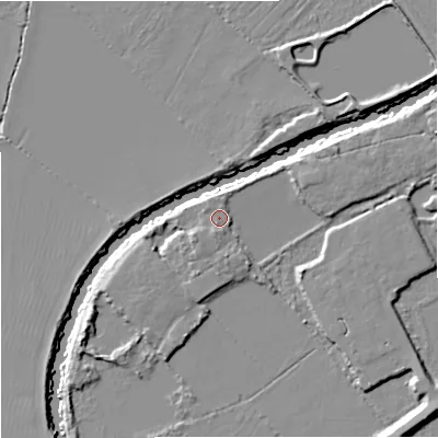 Shaded relief map of the ground around GL29ND, computed from Environment Agency LiDAR. The ground here sits at about 10 m above sea level and falls 8 m across the surrounding 800 m. Surface water reaching this point runs off ground lying to the north, 0.8 m higher.