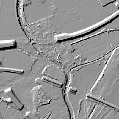 Shaded relief map of the ground around GL29NF, computed from Environment Agency LiDAR. The ground here sits at about 11 m above sea level and falls 13 m across the surrounding 800 m. Surface water reaching this point runs off ground lying to the south, 1.6 m higher.