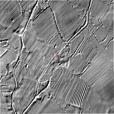 Shaded relief map of the ground around GL29NJ, computed from Environment Agency LiDAR. The ground here sits at about 15 m above sea level and falls 8 m across the surrounding 800 m. Surface water reaching this point runs off ground lying to the south-south-east, 0.8 m higher.