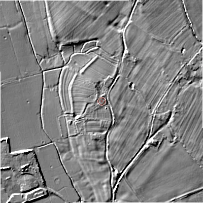 Shaded relief map of the ground around GL29NL, computed from Environment Agency LiDAR. The ground here sits at about 11 m above sea level and falls 9 m across the surrounding 800 m. Surface water reaching this point runs off ground lying to the south-south-east, 0.8 m higher.