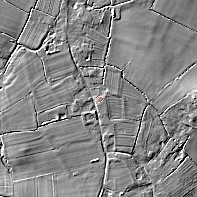 Shaded relief map of the ground around GL29NP, computed from Environment Agency LiDAR. The ground here sits at about 13 m above sea level and falls 8 m across the surrounding 800 m. Surface water reaching this point runs off ground lying to the north-north-west, 1.8 m higher.
