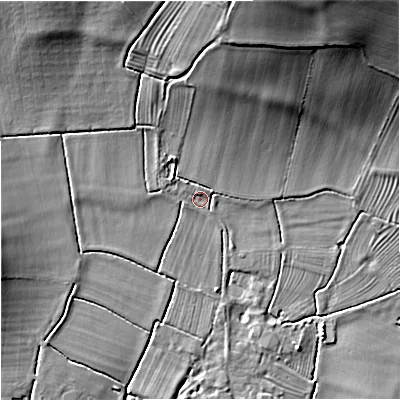 Shaded relief map of the ground around GL29NR, computed from Environment Agency LiDAR. The ground here sits at about 14 m above sea level and falls 23 m across the surrounding 800 m. Surface water reaching this point runs off ground lying to the north-north-east, 18.6 m higher.
