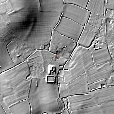 Shaded relief map of the ground around GL29NT, computed from Environment Agency LiDAR. The ground here sits at about 12 m above sea level and falls 20 m across the surrounding 800 m. Surface water reaching this point runs off ground lying to the north-west, 15.9 m higher.