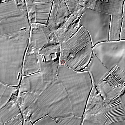 Shaded relief map of the ground around GL29NU, computed from Environment Agency LiDAR. The ground here sits at about 12 m above sea level and falls 7 m across the surrounding 800 m. Surface water reaching this point runs off ground lying to the west-south-west, 1.5 m higher.