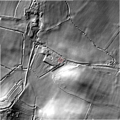 Shaded relief map of the ground around GL29NZ, computed from Environment Agency LiDAR. The ground here sits at about 14 m above sea level and falls 12 m across the surrounding 800 m. Surface water reaching this point runs off ground lying to the east, 2.6 m higher.