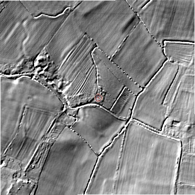 Shaded relief map of the ground around GL29PB, computed from Environment Agency LiDAR. The ground here sits at about 13 m above sea level and falls 9 m across the surrounding 800 m. Surface water reaching this point runs off ground lying to the north, 1.1 m higher.