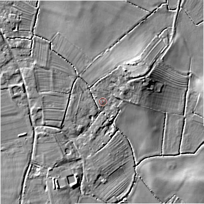 Shaded relief map of the ground around GL29PD, computed from Environment Agency LiDAR. The ground here sits at about 12 m above sea level and falls 9 m across the surrounding 800 m. Surface water reaching this point runs off ground lying to the north-east, 7.6 m higher.