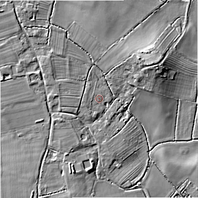 Shaded relief map of the ground around GL29PE, computed from Environment Agency LiDAR. The ground here sits at about 11 m above sea level and falls 9 m across the surrounding 800 m. Surface water reaching this point runs off ground lying to the west-south-west, 1.2 m higher.