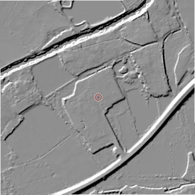 Shaded relief map of the ground around GL29PF, computed from Environment Agency LiDAR. The ground here sits at about 11 m above sea level and falls 11 m across the surrounding 800 m. The ground contributing surface water to this point lies to the north-north-east.