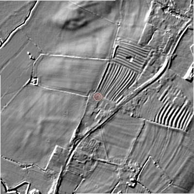 Shaded relief map of the ground around GL29PG, computed from Environment Agency LiDAR. The ground here sits at about 12 m above sea level and falls 8 m across the surrounding 800 m. Surface water reaching this point runs off ground lying to the north-north-east, 0.9 m higher.