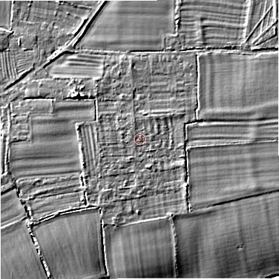 Shaded relief map of the ground around GL29PS, computed from Environment Agency LiDAR. The ground here sits at about 16 m above sea level and falls 7 m across the surrounding 800 m. Surface water reaching this point runs off ground lying to the east, 0.9 m higher.