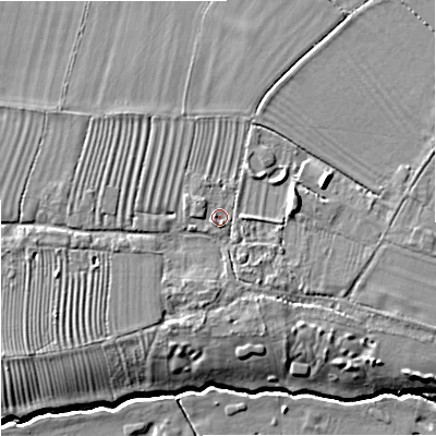 Shaded relief map of the ground around GL29QB, computed from Environment Agency LiDAR. The ground here sits at about 20 m above sea level and falls 11 m across the surrounding 800 m. Surface water reaching this point runs off ground lying to the south-south-east, 1.7 m higher.