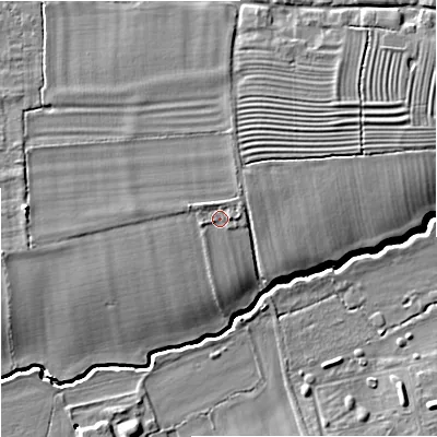 Shaded relief map of the ground around GL29QE, computed from Environment Agency LiDAR. The ground here sits at about 17 m above sea level and falls 9 m across the surrounding 800 m. Surface water reaching this point runs off ground lying to the east, 1.3 m higher.