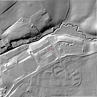 Shaded relief map of the ground around GL29QJ, computed from Environment Agency LiDAR. The ground here sits at about 24 m above sea level and falls 12 m across the surrounding 800 m. Surface water reaching this point runs off ground lying to the south-south-east, 1.5 m higher.