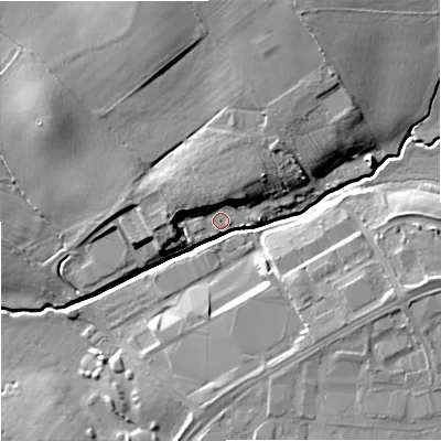 Shaded relief map of the ground around GL29QN, computed from Environment Agency LiDAR. The ground here sits at about 19 m above sea level and falls 13 m across the surrounding 800 m. Surface water reaching this point runs off ground lying to the north-north-east, 9.5 m higher.