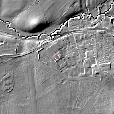 Shaded relief map of the ground around GL29QU, computed from Environment Agency LiDAR. The ground here sits at about 25 m above sea level and falls 16 m across the surrounding 800 m. Surface water reaching this point runs off ground lying to the east-north-east, 0.7 m higher.