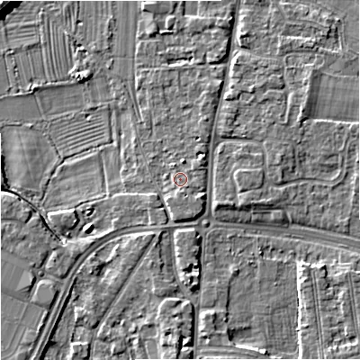 Shaded relief map of the ground around GL29RG, computed from Environment Agency LiDAR. The ground here sits at about 12 m above sea level and falls 7 m across the surrounding 800 m. Surface water reaching this point runs off ground lying to the south, 1.0 m higher.
