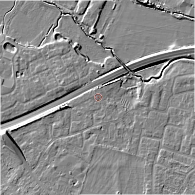 Shaded relief map of the ground around GL29RT, computed from Environment Agency LiDAR. The ground here sits at about 15 m above sea level and falls 9 m across the surrounding 800 m. Surface water reaching this point runs off ground lying to the south, 0.9 m higher.