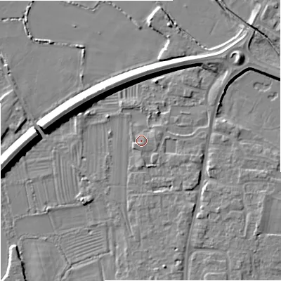 Shaded relief map of the ground around GL29WH, computed from Environment Agency LiDAR. The ground here sits at about 11 m above sea level and falls 9 m across the surrounding 800 m. Surface water reaching this point runs off ground lying to the south-west, 1.2 m higher.