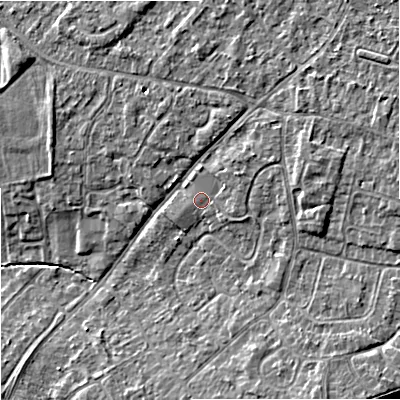 Shaded relief map of the ground around GL31AB, computed from Environment Agency LiDAR. The ground here sits at about 23 m above sea level and falls 8 m across the surrounding 800 m. Surface water reaching this point runs off ground lying to the north-east, 1.8 m higher.