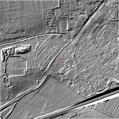 Shaded relief map of the ground around GL31AE, computed from Environment Agency LiDAR. The ground here sits at about 21 m above sea level and falls 9 m across the surrounding 800 m. Surface water reaching this point runs off ground lying to the east-south-east, 1.5 m higher.