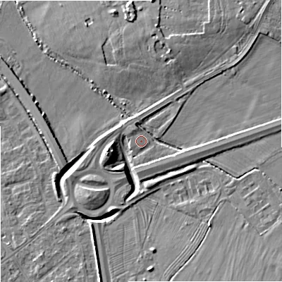 Shaded relief map of the ground around GL31AF, computed from Environment Agency LiDAR. The ground here sits at about 19 m above sea level and falls 9 m across the surrounding 800 m. Surface water reaching this point runs off ground lying to the south-east, 7.8 m higher.
