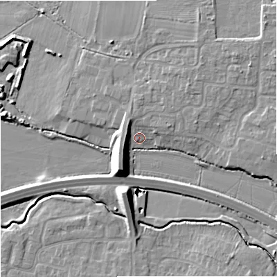 Shaded relief map of the ground around GL31DJ, computed from Environment Agency LiDAR. The ground here sits at about 14 m above sea level and falls 21 m across the surrounding 800 m. Surface water reaching this point runs off ground lying to the south-south-west, 10.2 m higher.